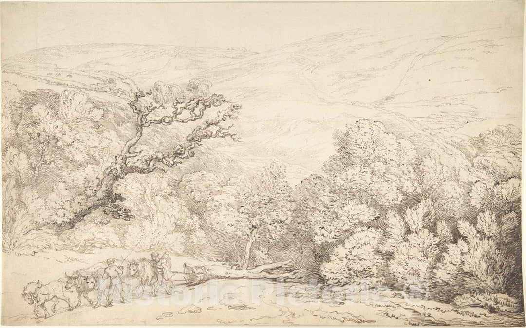 Art Print : Thomas Rowlandson - Landscape with Oxen and Felled Tree : Vintage Wall Art