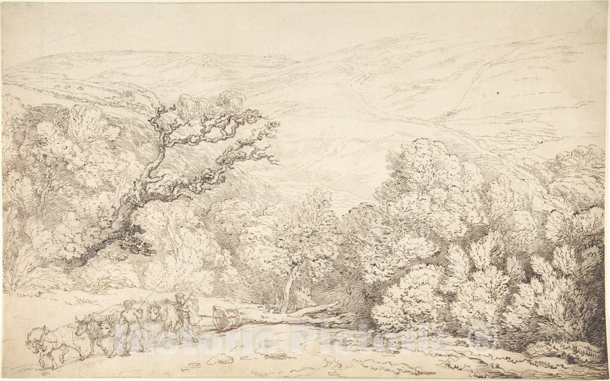 Art Print : Thomas Rowlandson - Landscape with Oxen and Felled Tree : Vintage Wall Art