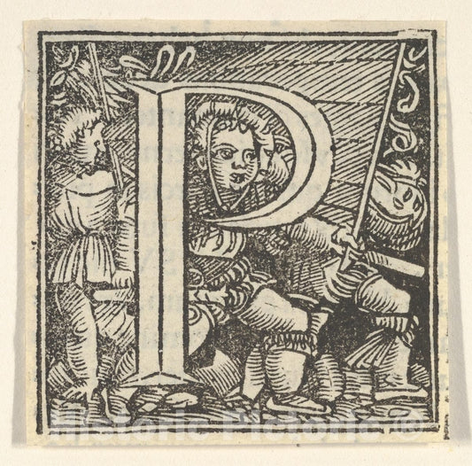 Art Print : Heinrich Vogtherr The Elder - Initial Letter P with Children : Vintage Wall Art