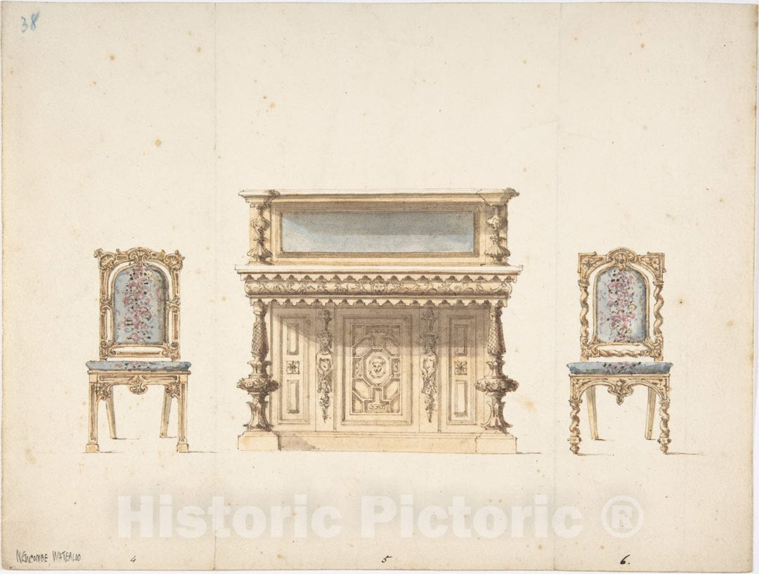 Art Print : British, 19th Century - Design for a Mirrored Cabinet and Two Chairs : Vintage Wall Art