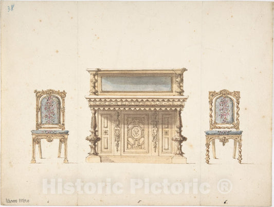 Art Print : British, 19th Century - Design for a Mirrored Cabinet and Two Chairs : Vintage Wall Art