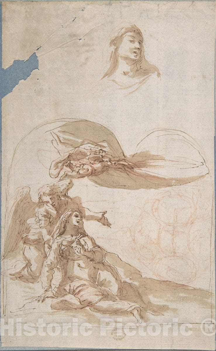 Art Print : Italian, Roman-Bolognese, 17th Century - Saint in Ecstasy; Study of Saint's Head (Recto); Sketches of Putti (Verso) : Vintage Wall Art