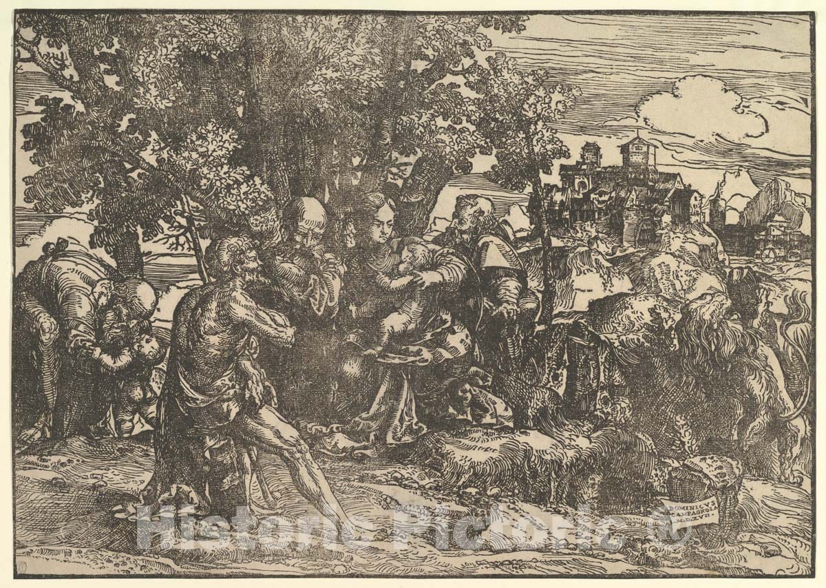 Art Print : Mary Seated Beneath Trees with Baby - Artist: Domenico Campagnola - Created: 1517 : Vintage Wall Art