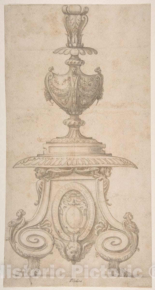 Art Print : Circle of Perino del Vaga (Pietro Buonaccorsi) - Design for Candlestick or for a Crucifix Base : Vintage Wall Art