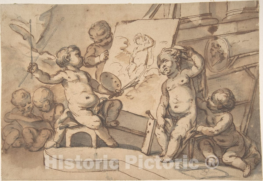 Art Print : French, 18th Century - Allegory of Painting with Putti : Vintage Wall Art