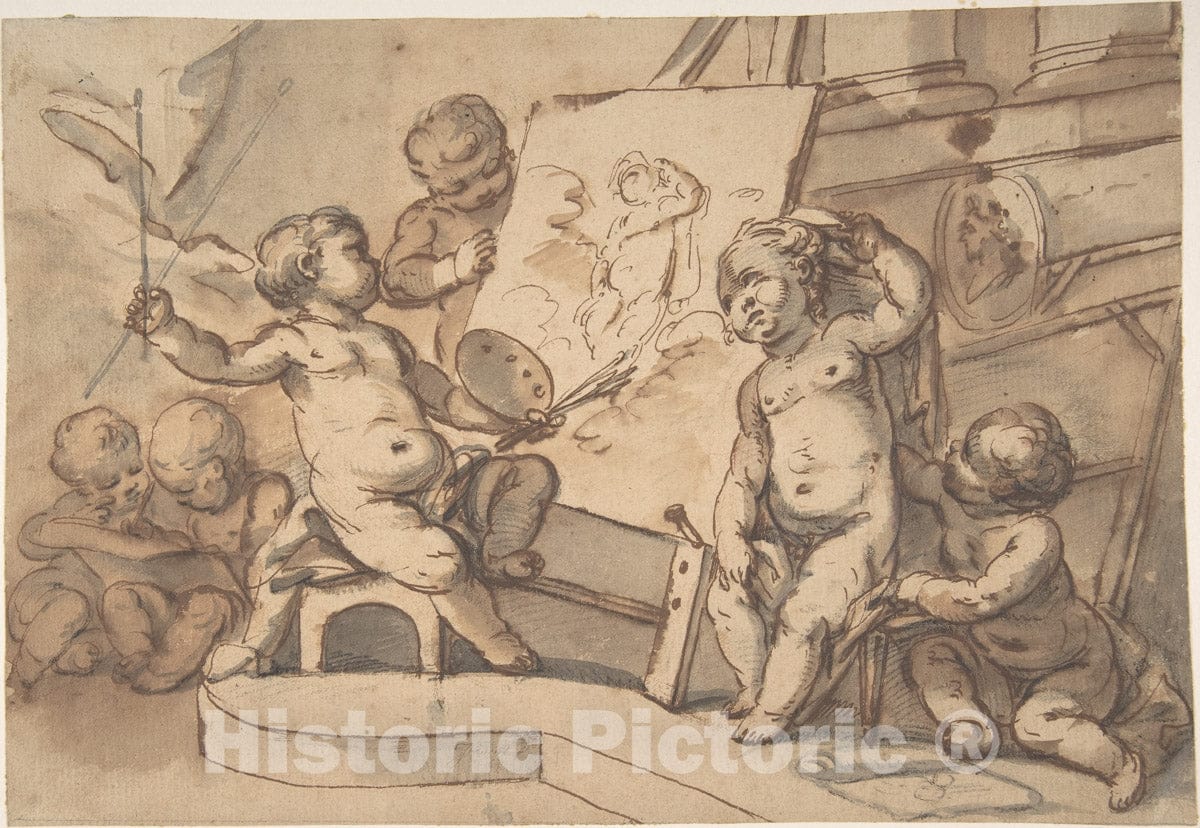 Art Print : French, 18th Century - Allegory of Painting with Putti : Vintage Wall Art