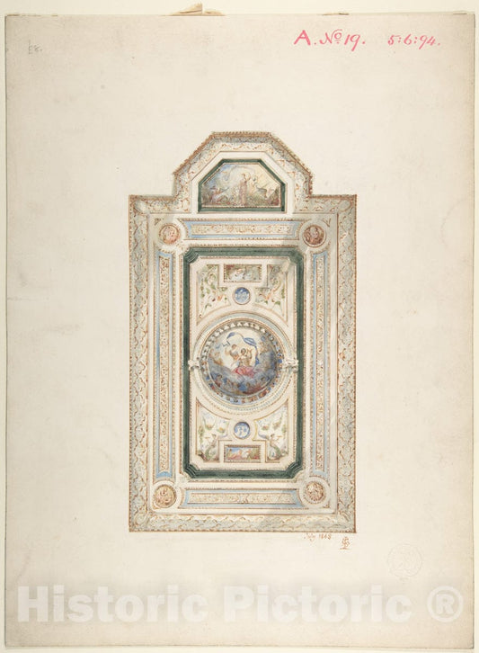 Art Print : Frederick Sang - Inscribed Drawing with Monogram of Sang, of a Ceiling Design, July 1868 : Vintage Wall Art