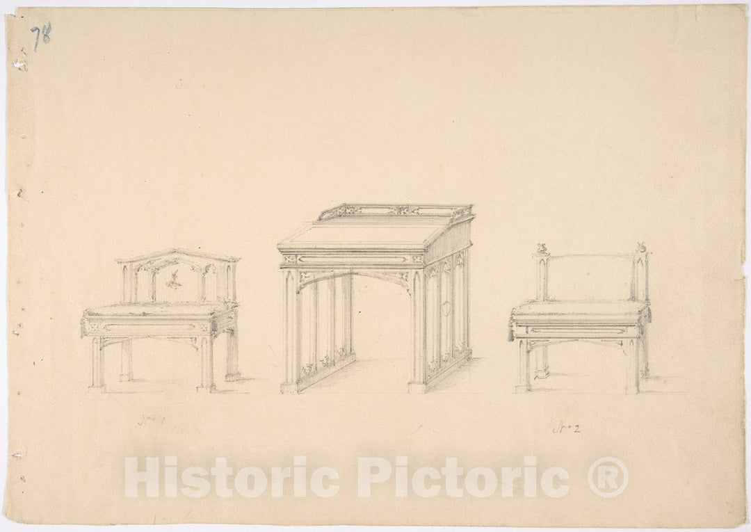 Art Print : British, 19th Century - Design for a Gothic Desk and Two Low Chairs : Vintage Wall Art