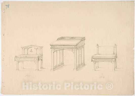 Art Print : British, 19th Century - Design for a Gothic Desk and Two Low Chairs : Vintage Wall Art