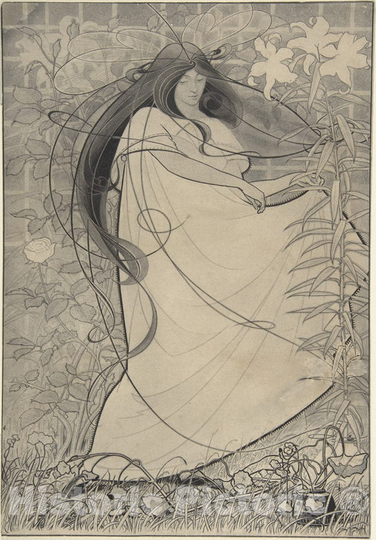 Art Print : British, Late 19th to Early 20th Century - Girl in a Flowing Dress Surrounded by Roses and Lilies : Vintage Wall Art