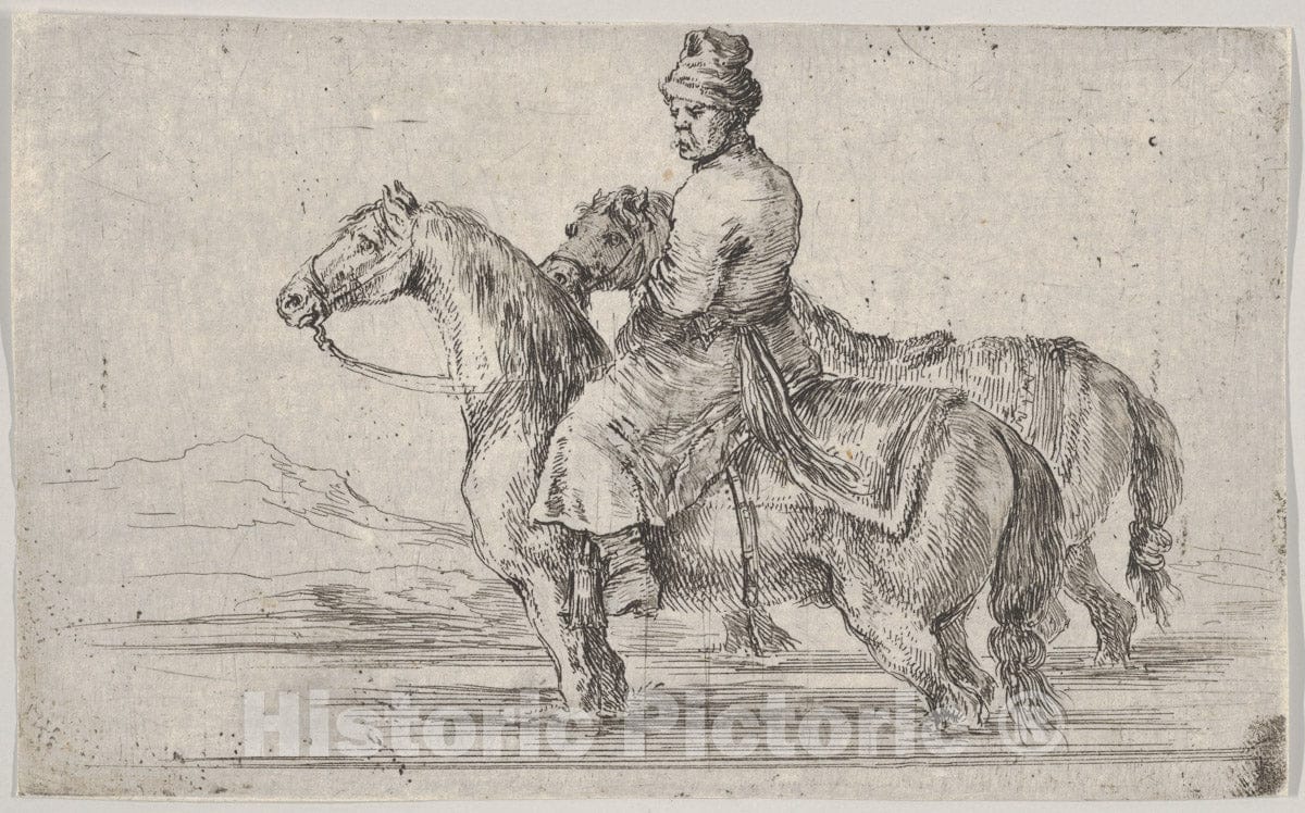 Art Print : Stefano Della Bella - A Valet Taking Two Horses to bathe, Sitting ATOP one Horse in a River, The Other Beside him to Right : Vintage Wall Art