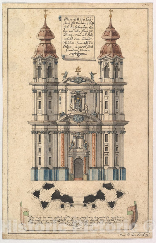 Art Print : Joseph Kirnberger - Baroque Church Façade with Obliquely Placed Towers. : Vintage Wall Art