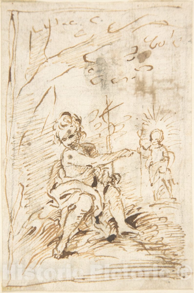 Art Print : The Infant Saint John The Baptist with The Infant Christ in The Wilderness - Artist: Spanish, 17th Century- Created: 17th Century : Vintage Wall Art