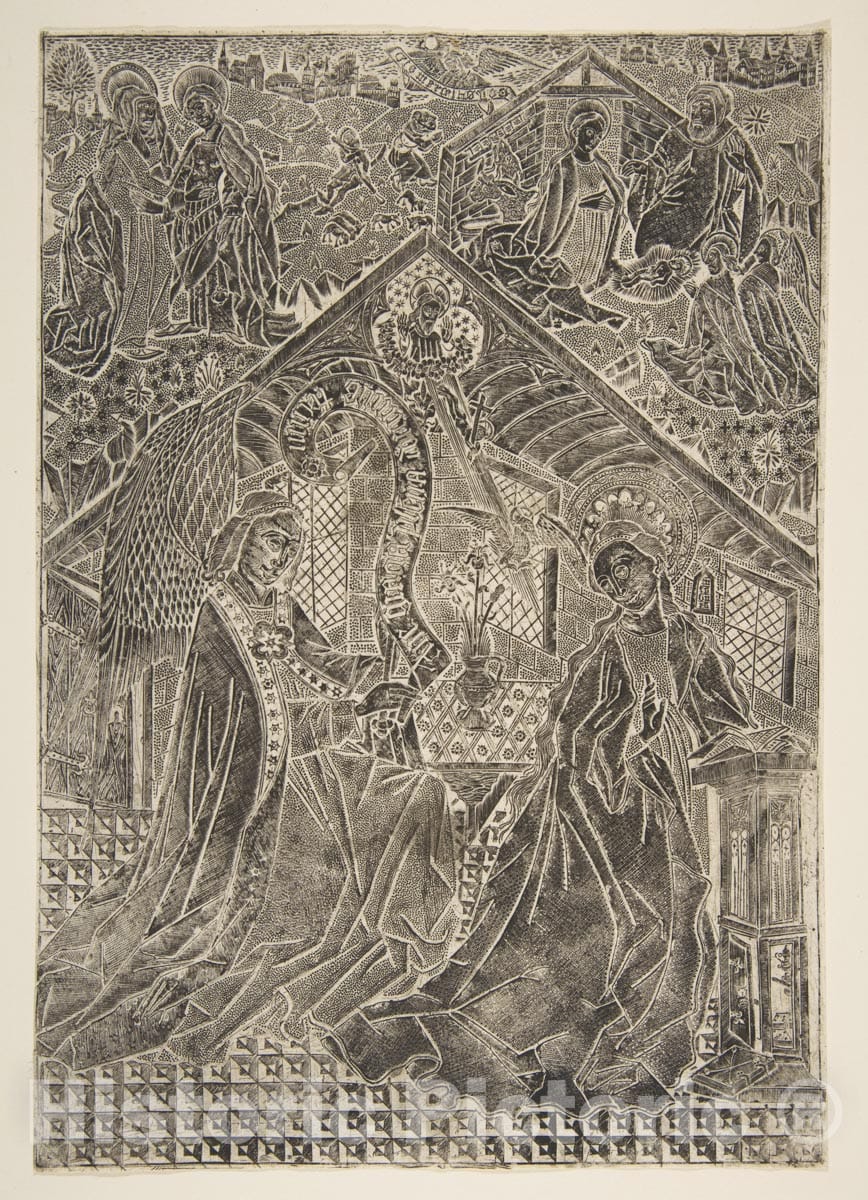 Art Print : Anonymous, German, 15th Century - The Annunciation, Visitation, and Nativity (Schr. 2865) : Vintage Wall Art