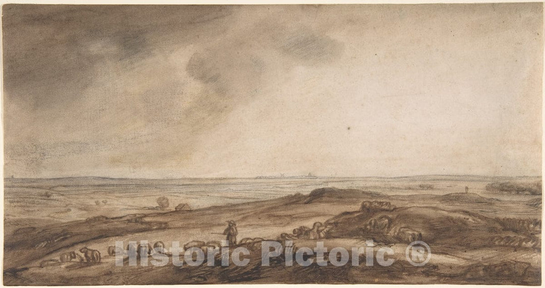 Art Print : Jan Ruischer - A Panoramic Landscape with a Herdsman and His Flock : Vintage Wall Art