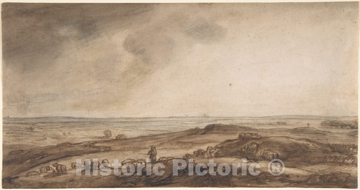 Art Print : Jan Ruischer - A Panoramic Landscape with a Herdsman and His Flock : Vintage Wall Art