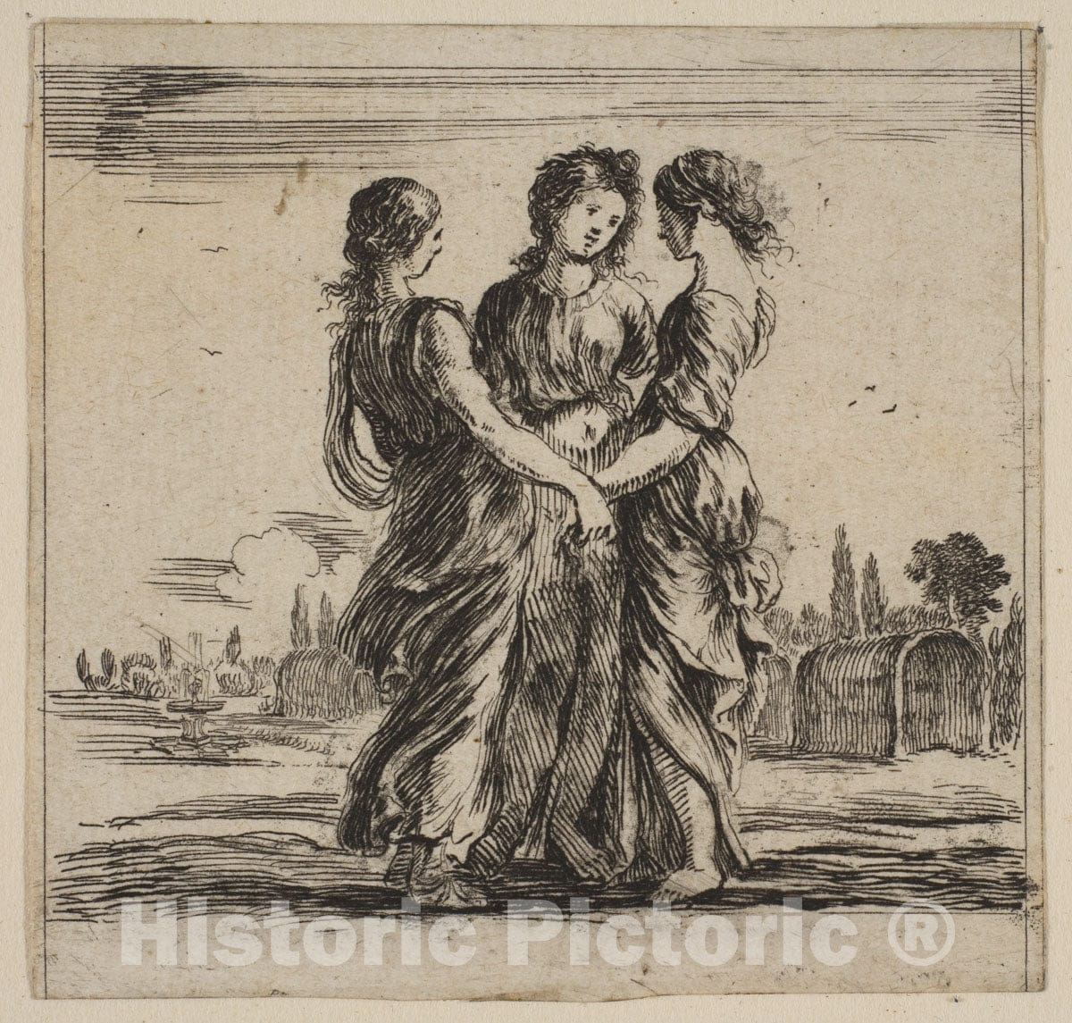 Art Print : Etched by Stefano Della Bella - The Three Graces, from 'Game of Mythology' (Jeu de la Mythologie) : Vintage Wall Art