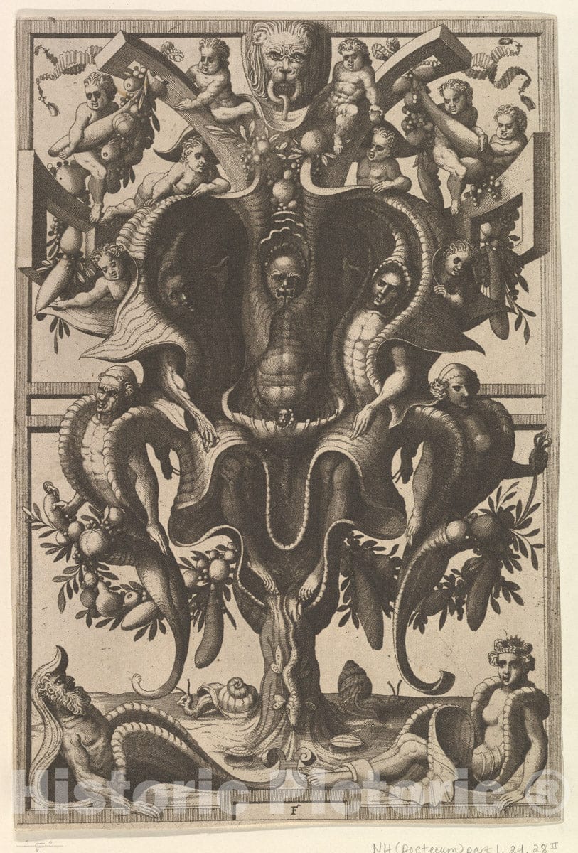 Art Print : Auricular Cartouche with Figures within a Strapwork Frame - Artist: Floris - Created: 1556 : Vintage Wall Art