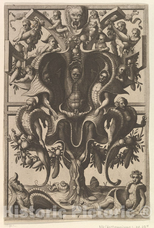 Art Print : Auricular Cartouche with Figures within a Strapwork Frame - Artist: Floris - Created: 1556 : Vintage Wall Art