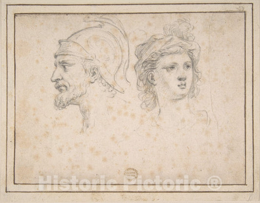 Art Print : Italian, 17th Century - Head of a Bearded Soldier in Profile, Head of a Young Woman in Three-Quarter View : Vintage Wall Art