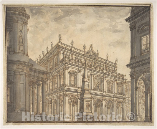 Art Print : Ferdinando Galli Bibiena - Design for a Stage Set: A Town Square with a Fountain. : Vintage Wall Art