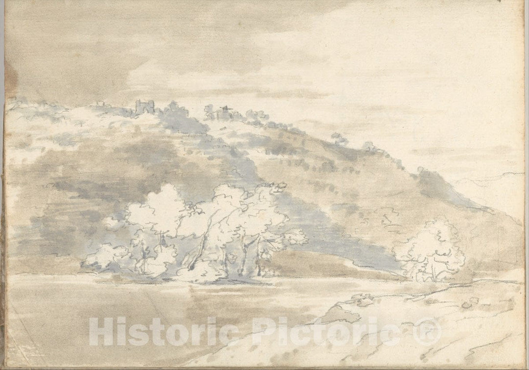 Art Print : Joseph Wright (Wright of Derby) - Landscape with Building on a Distant Hill (Smaller Italian Sketchbook, Leaf 33 Recto) : Vintage Wall Art