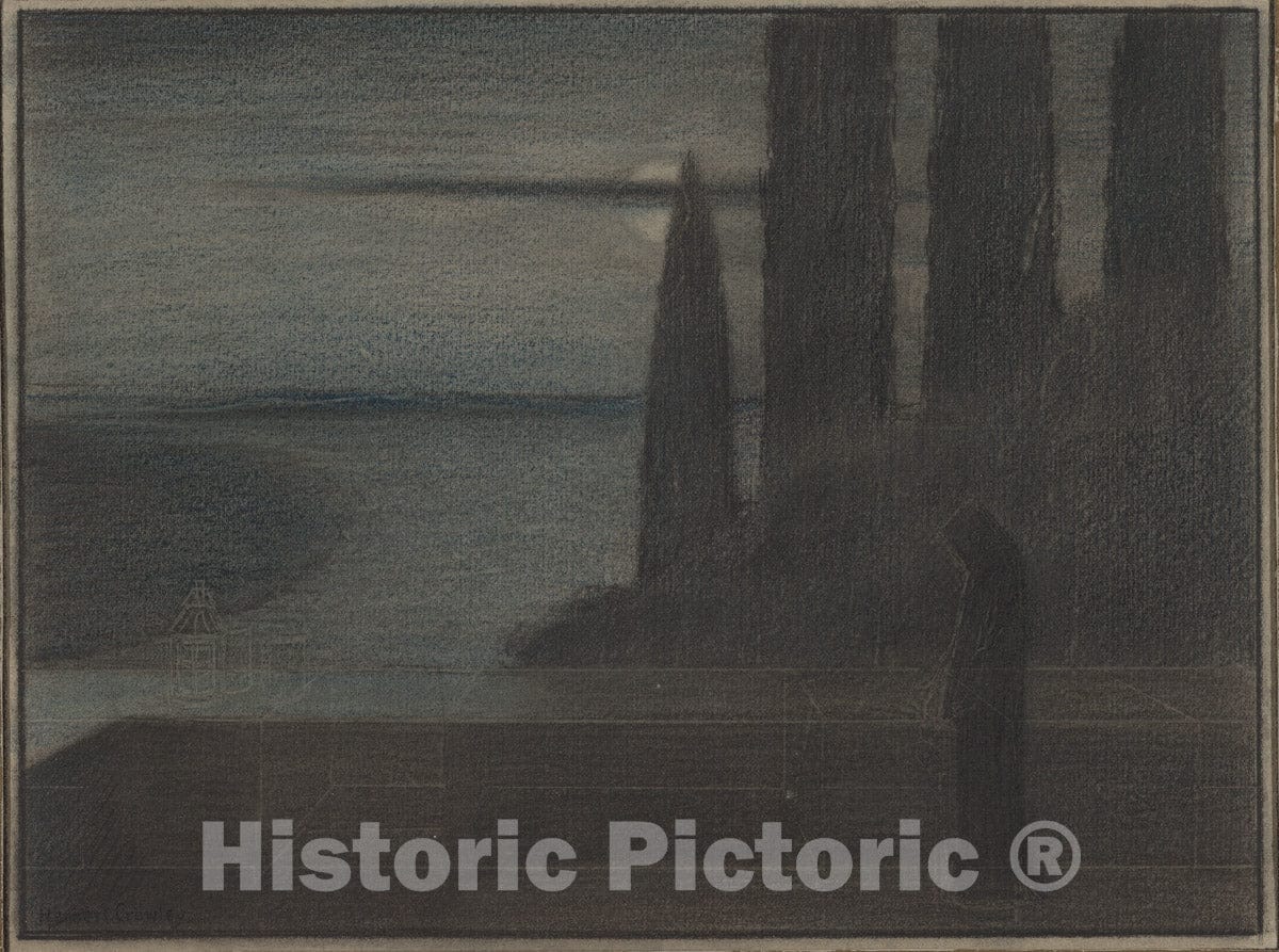 Art Print : Herbert E. Crowley - A Hooded Figure in a Landscape, Possibly a Stage Set Design : Vintage Wall Art
