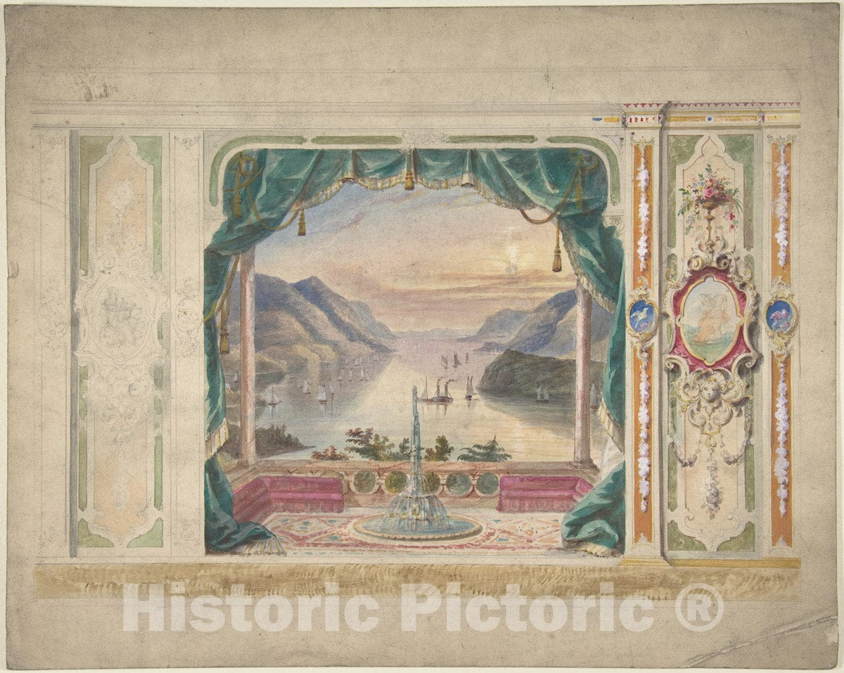 Art Print : British, 19th Century - Wall Design with a Trompe L'Oeil Balcony Overlooking a Mountainous Harbor : Vintage Wall Art