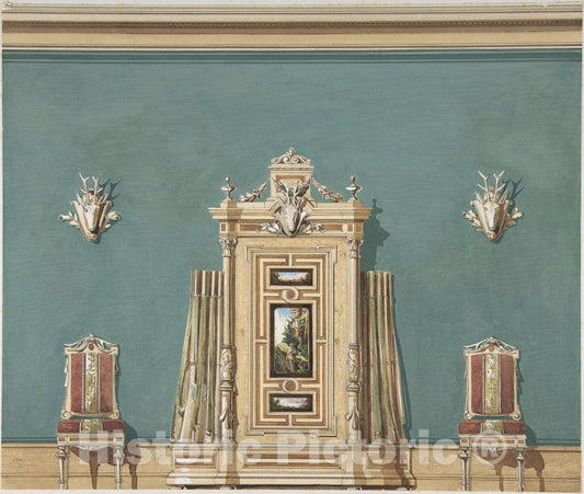 Art Print : British, 19th Century - Interior Design witha Gun Cabinet and Two Chairs Against a Green Wall Adorned with Trophies : Vintage Wall Art