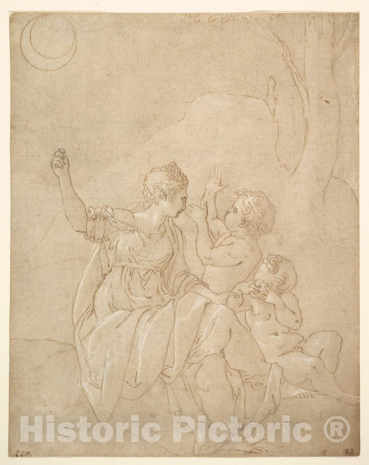Art Print : Francesco Primaticcio - Classical Female Figure (Diana or Venus) with Two Infants. : Vintage Wall Art