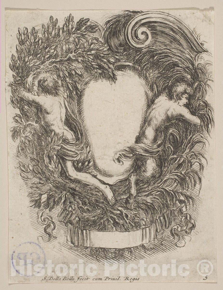 Art Print : Stefano Della Bella - Cartouche Framed by Apollo and Pan : Vintage Wall Art