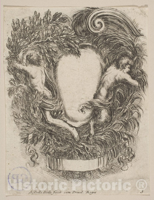 Art Print : Stefano Della Bella - Cartouche Framed by Apollo and Pan : Vintage Wall Art