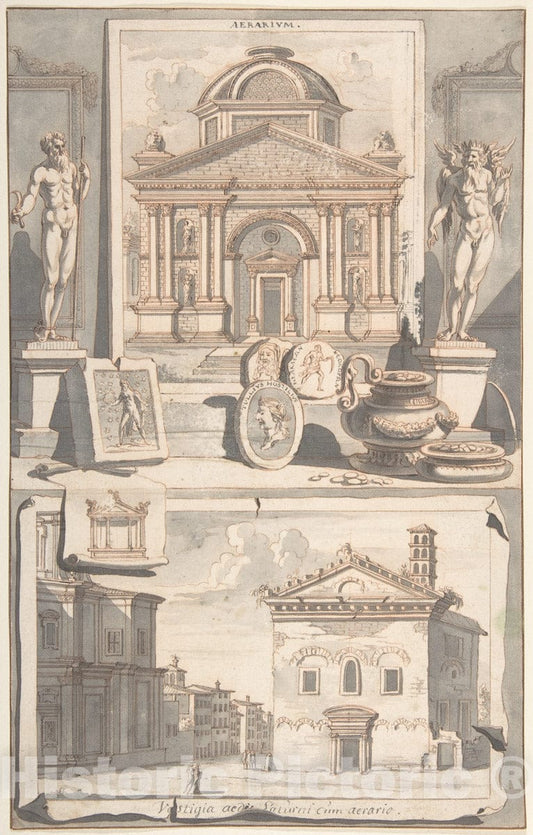 Art Print : Jan Goeree - A Reconstruction of The Aerarium (Above) and a View of The Ruins (Below) : Vintage Wall Art