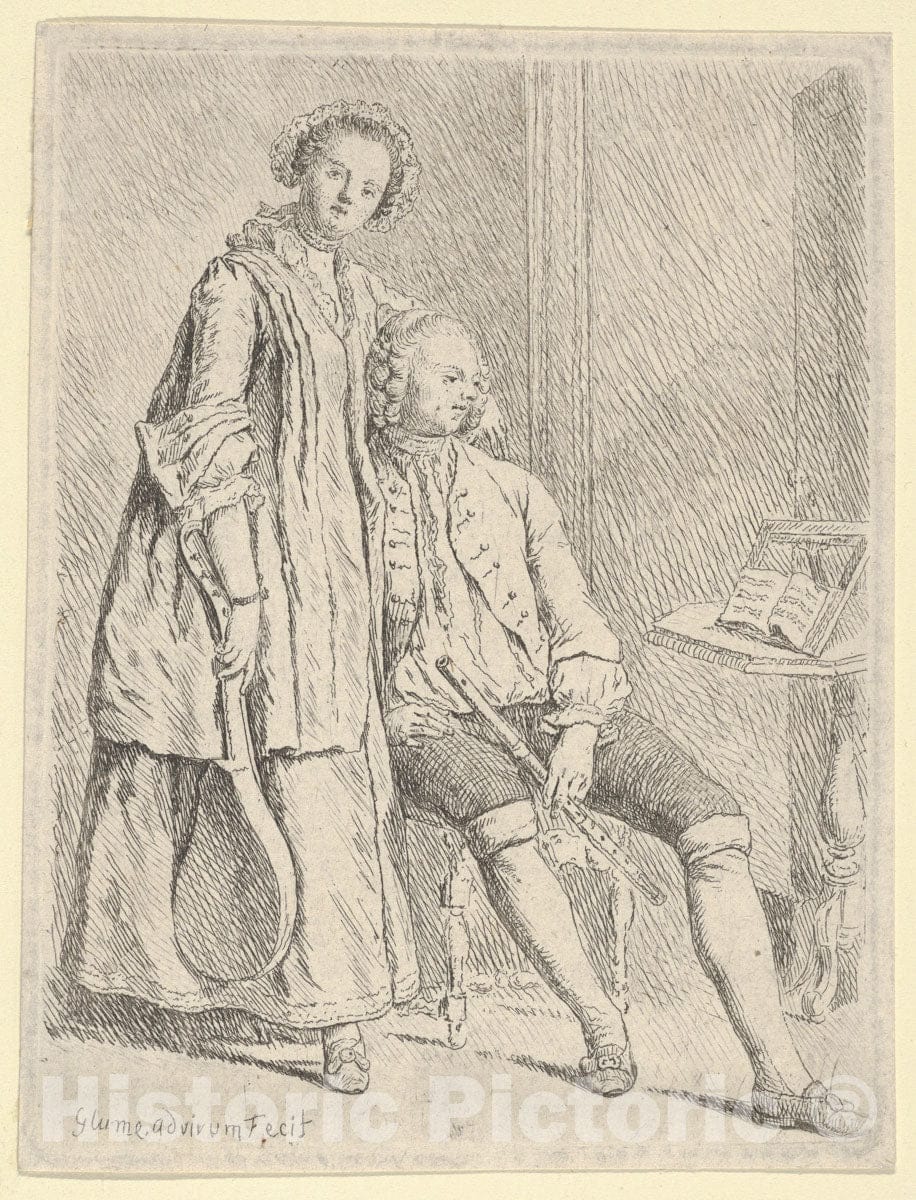 Art Print : Johann Gottlieb Glume - Young Couple with Flute & Lute : Vintage Wall Art