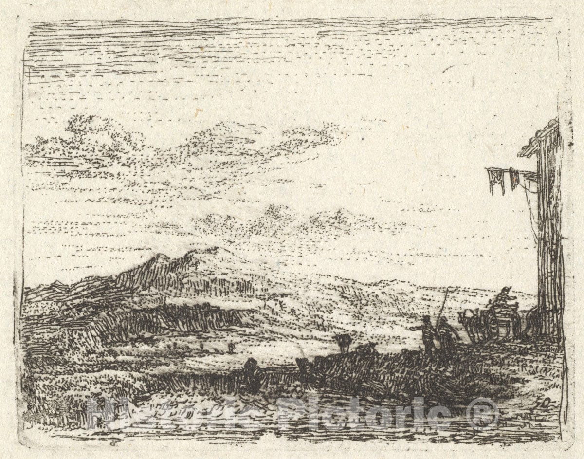 Art Print : Landscape with Corner of Building and Awning at far Right - Artist: Karel Dujardin - Created: c1641 : Vintage Wall Art