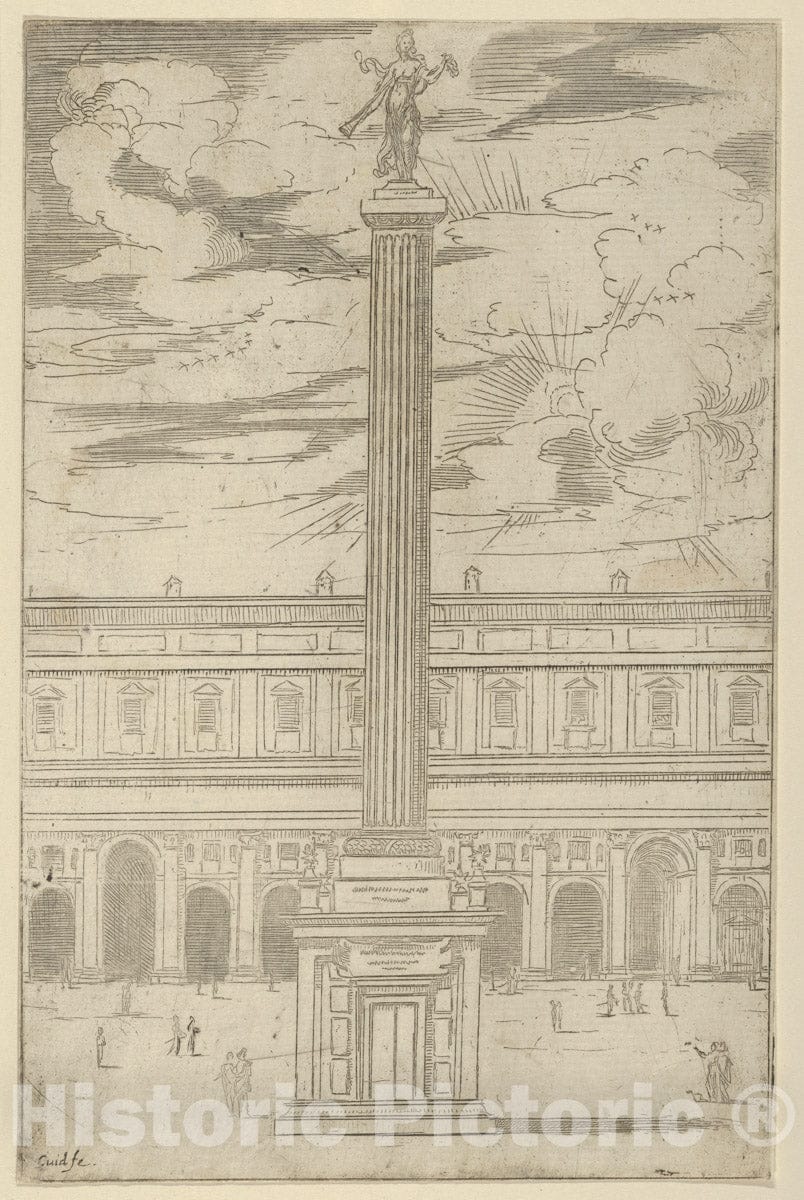 Art Print : Triumphal Column with Female Figure of Fame Holding a Trumpet at The top - Artist: Guido Reni - Created: 1598 : Vintage Wall Art