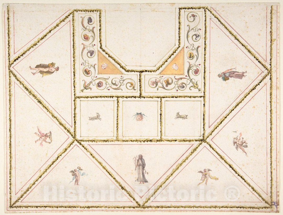 Art Print : Italian, First Half of The 18th Century - Design for a Ceiling in Pompeian Style : Vintage Wall Art