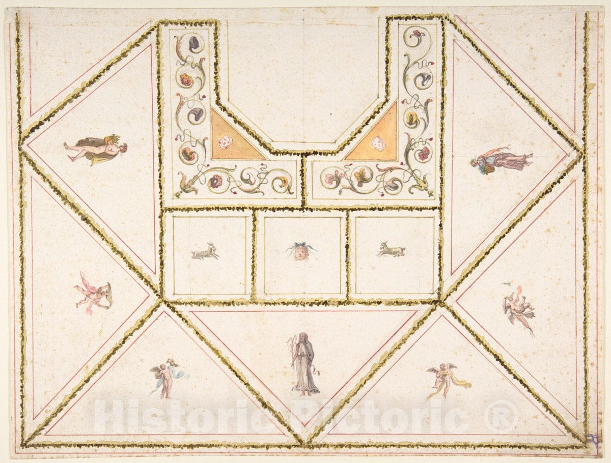Art Print : Italian, First Half of The 18th Century - Design for a Ceiling in Pompeian Style : Vintage Wall Art