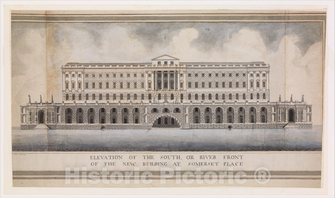 Art Print : After Sir William Chambers - Elevation of The South, or River Front of The New Building at Somerset Place : Vintage Wall Art