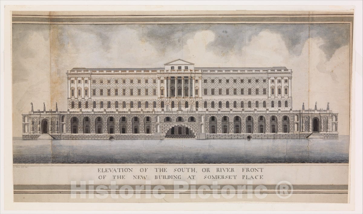 Art Print : After Sir William Chambers - Elevation of The South, or River Front of The New Building at Somerset Place : Vintage Wall Art