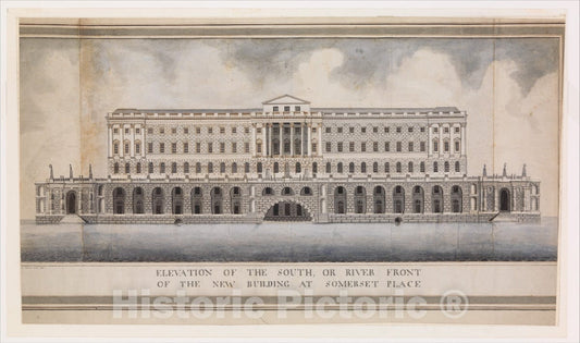 Art Print : After Sir William Chambers - Elevation of The South, or River Front of The New Building at Somerset Place : Vintage Wall Art