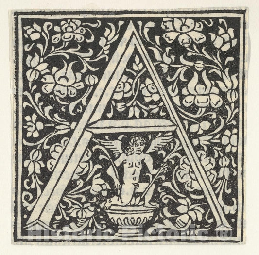 Art Print : Anonymous, Italian, 15th Century - Initial Letter A with putto : Vintage Wall Art