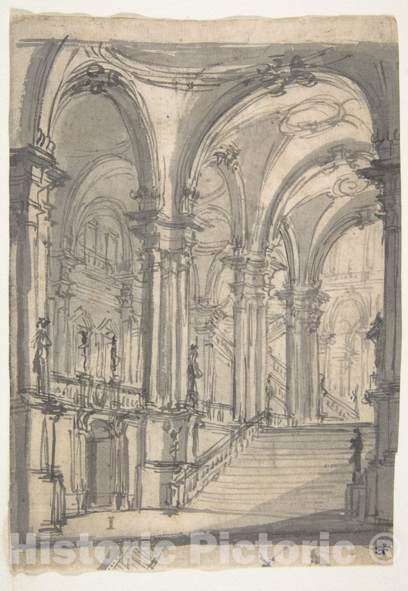 Art Print : Design for a Stage Sets Groin-vaulted Stairway Leading to a Gallery with Another Stairway - Artist: Giovanni Battista Natali III - 1698–1765 : Vintage Wall Art