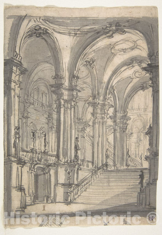 Art Print : Design for a Stage Sets Groin-vaulted Stairway Leading to a Gallery with Another Stairway - Artist: Giovanni Battista Natali III - 1698–1765 : Vintage Wall Art
