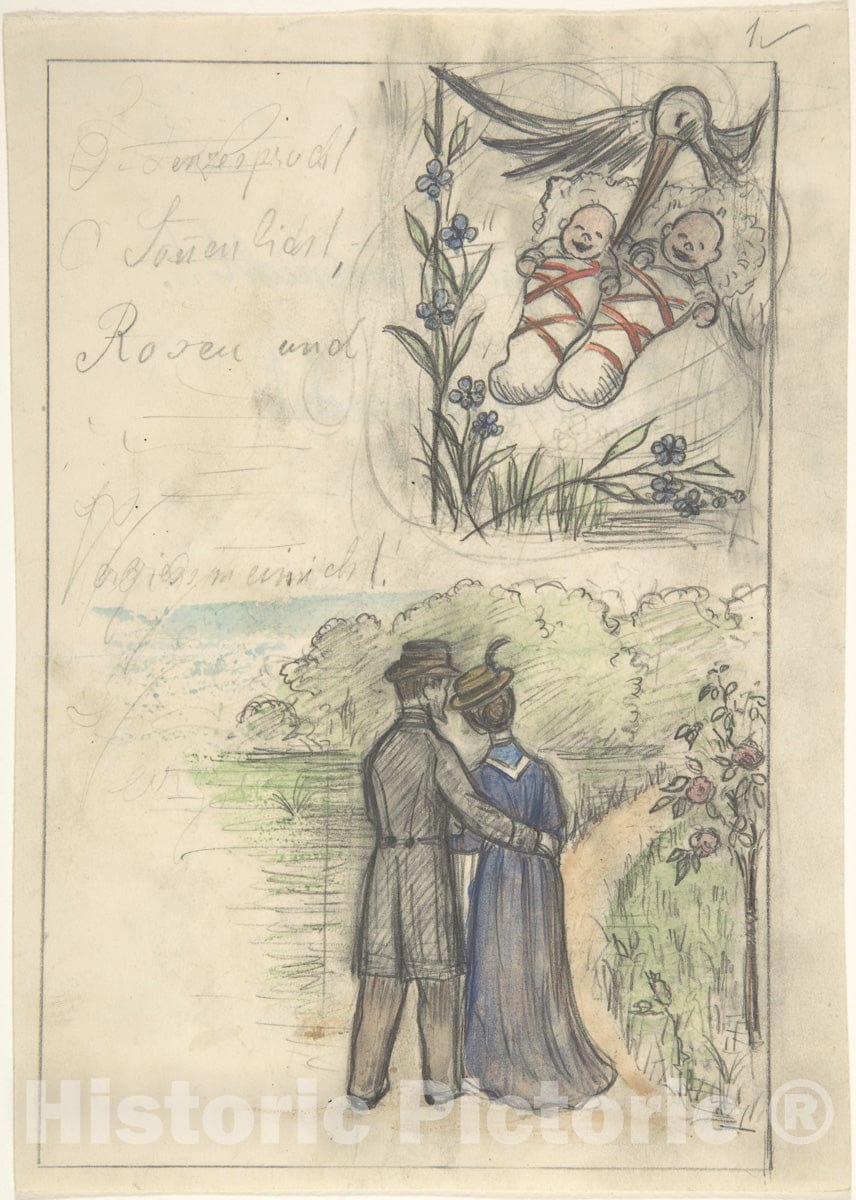 Art Print : German, 19th Century - Study for a Birth Announcement : Vintage Wall Art