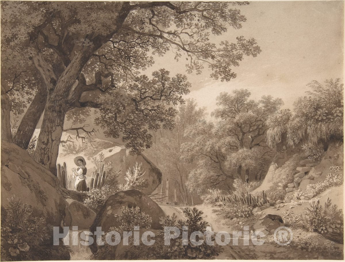 Art Print : Wolfgang Adam Töpffer - Landscape with a Young Girl at a Waterfall : Vintage Wall Art