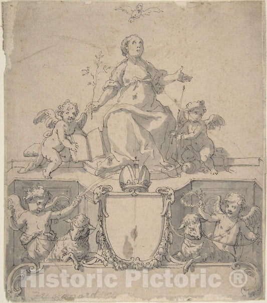 Art Print : Johann Matthias Kager - Cartouche with a Crown, The Virgin (?) and The Holy Ghost, and Four Putti : Vintage Wall Art