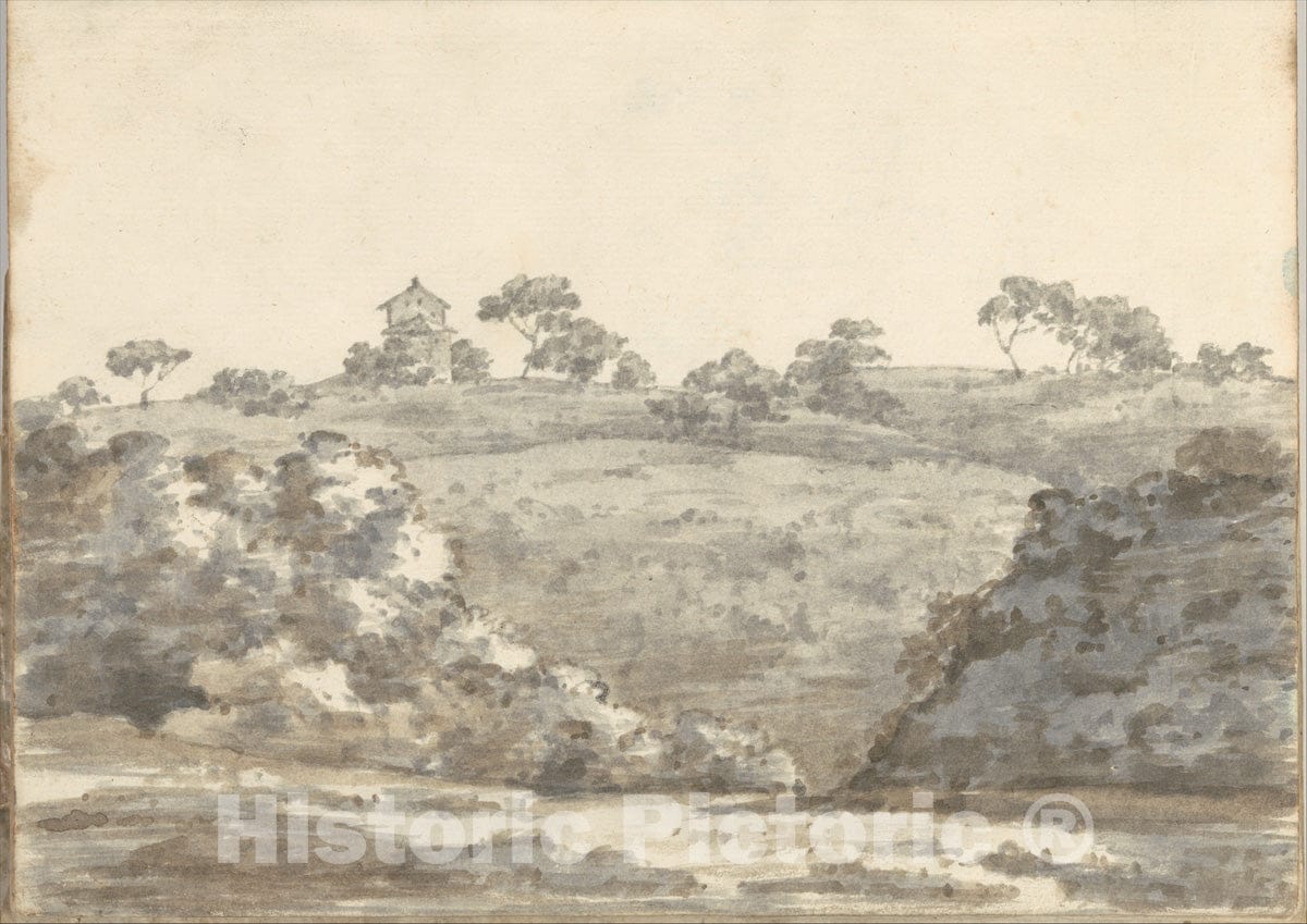 Art Print : Joseph Wright (Wright of Derby) - Landscape with a Two-Story Building on a Hill (Smaller Italian Sketchbook, Leaf 29 Recto) : Vintage Wall Art