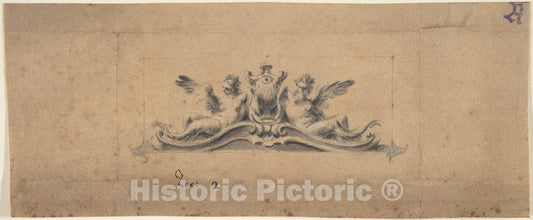 Art Print : Italian, First Half of The 18th Century - Design for an Overdoor or Headpiece: Two Reclining Figures and Urn : Vintage Wall Art
