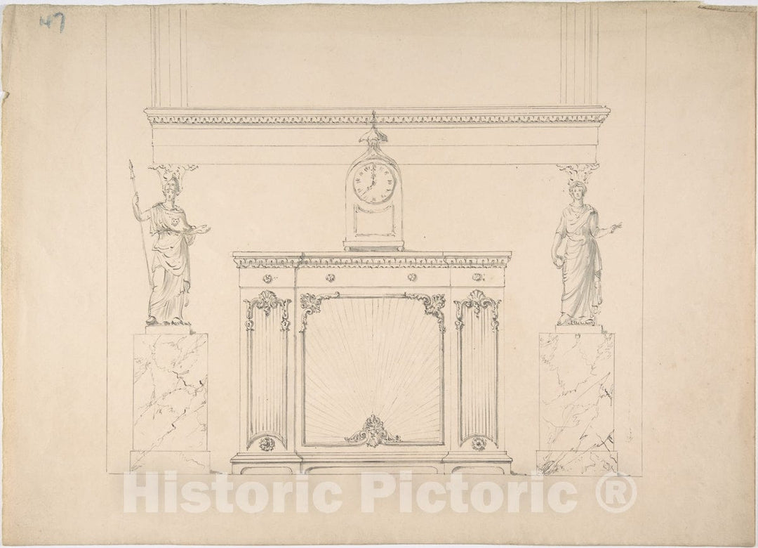 Art Print : British, 19th Century - Design for a Cabinet with Inset Fabric Panels, and Two Female Classical Statues on Marble Pedestals v.1 : Vintage Wall Art